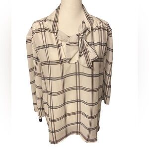 W5  Anthropologie tie neck plaid check blouse size XL